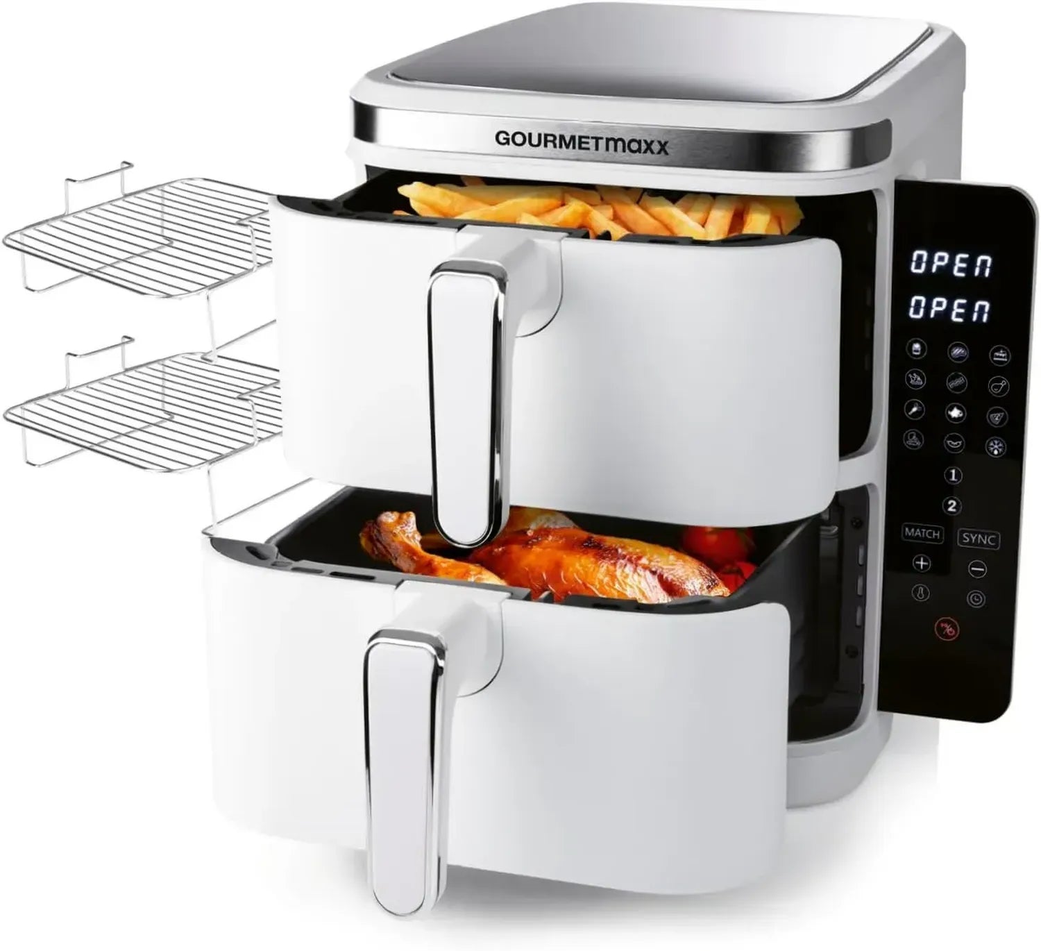 GOURMETmaxx Vertikale Doppelkammer Heißluftfritteuse mit Touchdisplay, 10L Kapazität, platzsparend
